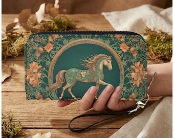 Horse Womens Zip Around Wallet, Teal Floral PU Leather Wristlet