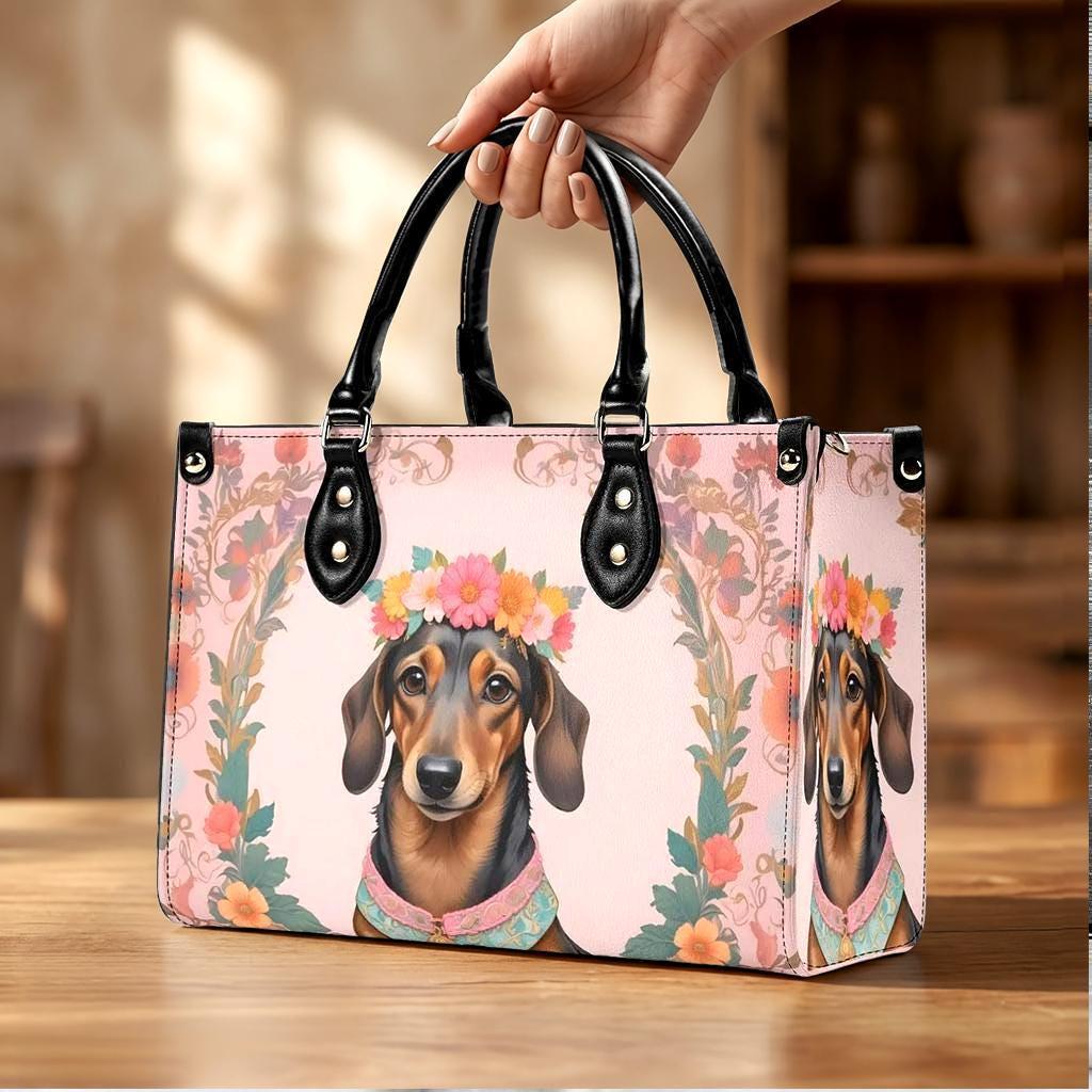 Dachshund Floral Crown Handbag, Vegan Leather Top Handle Purse