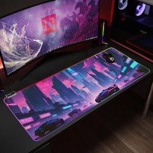 City Cars Neon LED Mousepad for Gaming and Decor - RGB Keyboard and Mouse Mat - Deskmat with Desk Accessories for Gamers