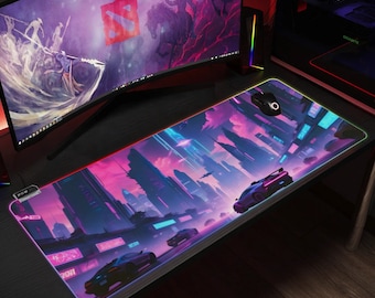 May include: A large, colorful mousepad with a futuristic city skyline and glowing neon lights. The mousepad has a black border with a red and blue glow around the edges. A black mouse is sitting on the mousepad.