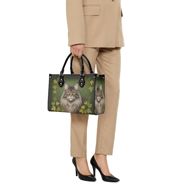 Gray Long Hair Cat Vegan Leather Top Handle Bag, Green Botanical Woodland Style image 4