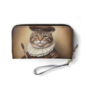 Portefeuille Renaissance Artist avec chat – Joli portefeuille en cuir végétalien pour femme | Cadeau unique, joli portefeuille végétalien, cadeau idéal pour elle