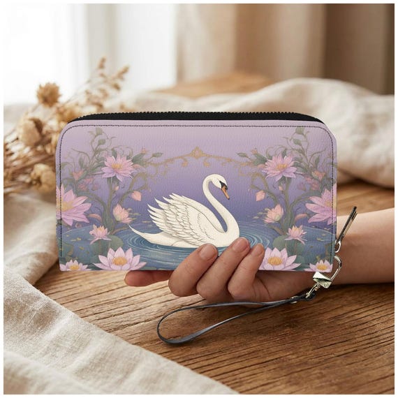 Swan Womens Zip Around Wallet, Lavender Floral PU Leather Wristlet