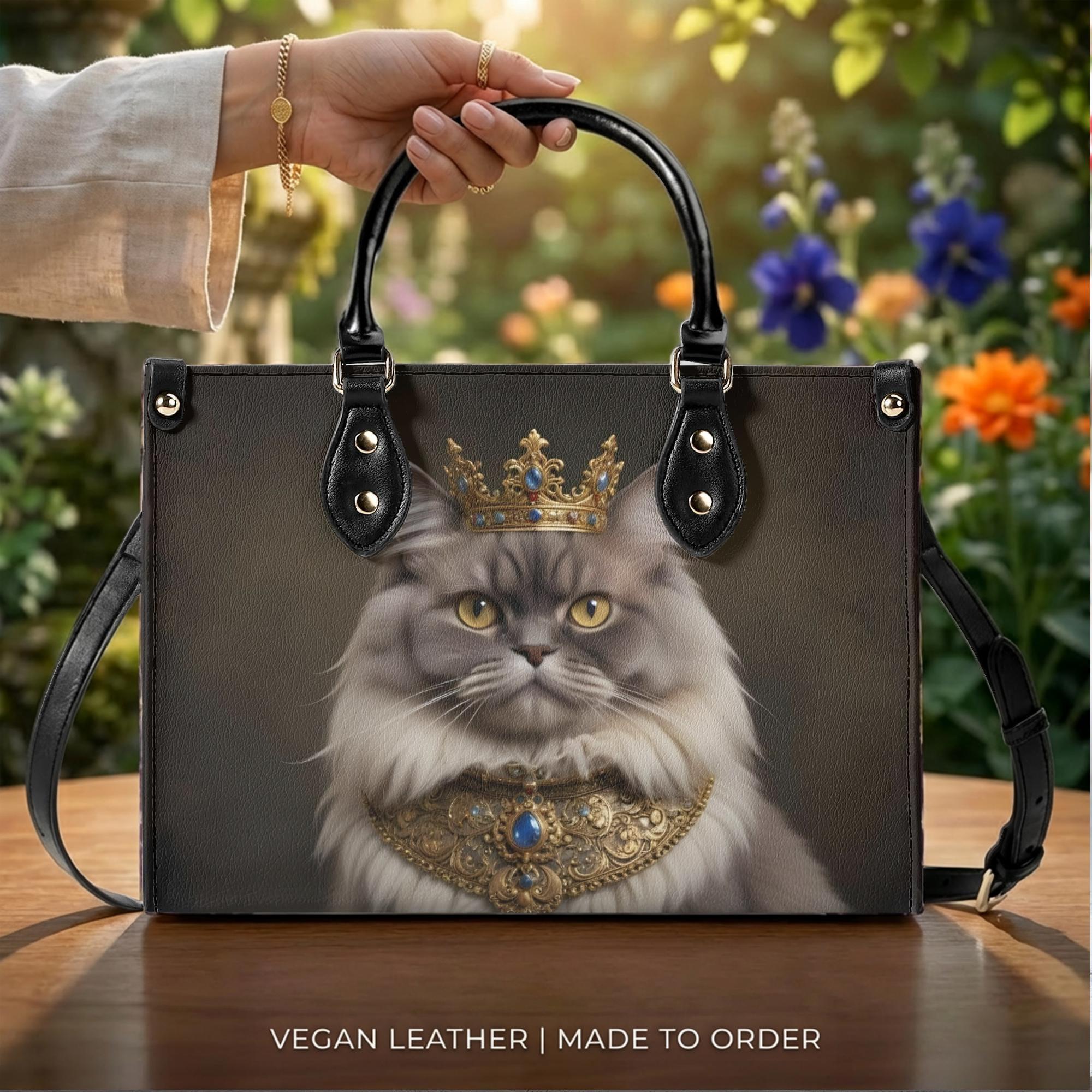 Regal Gray Cat Handbag, Crowned Fluffy Cat Vegan Leather Purse - Etsy