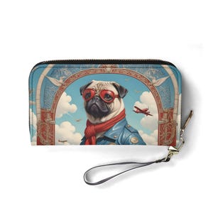 Pug Dog in Aviator Outfit Wallet – Carteira de couro vegana fofa para mulheres | Presente exclusivo, carteira vegana fofa, presente ideal para ela