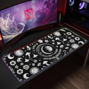 Hand Painted Witch LED Keyboard and Mouse Pad - Black and White Occult Gamer Desk Accessories