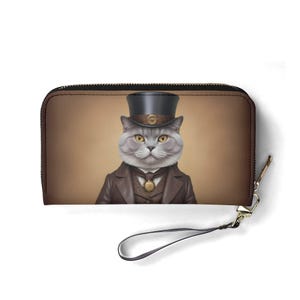 Cartera de gato de caballero victoriano: bonita cartera de piel vegana para mujer. Regalo único. Bonita cartera vegana. Regalo ideal para ella.