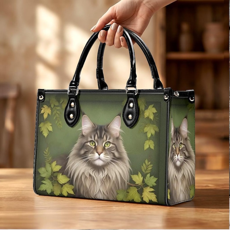 Gray Long Hair Cat Vegan Leather Top Handle Bag, Green Botanical Woodland Style image 2