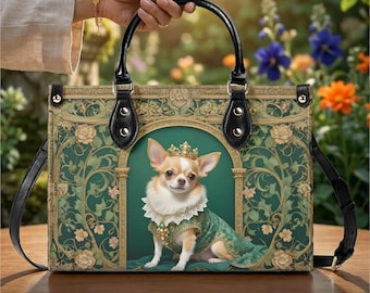 Chihuahua Floral Purse: Regal Dog Portrait Vegan Leather Shoulder Bag