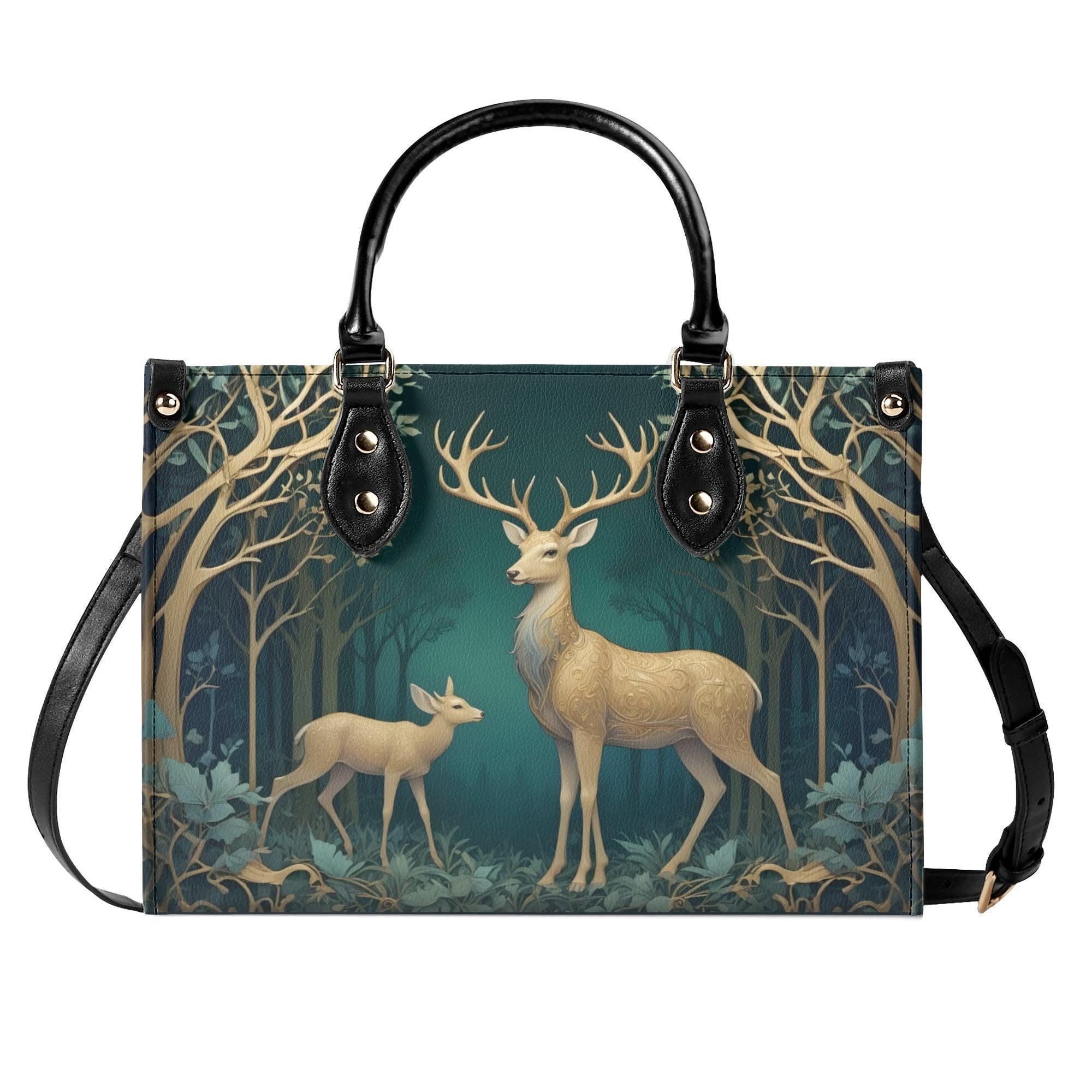 Woodland Deer Vegan Leather Handbag, Enchanted Forest Stag Doe