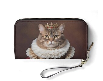 Regal Elizabethan Cat portemonnee – Veganistische leren portemonnee voor dames | Uniek cadeau, schattige veganistische portemonnee, ideaal cadeau voor haar