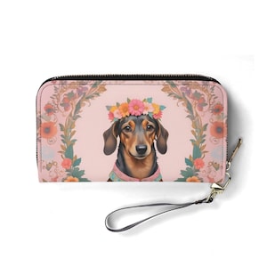 Portefeuille bohème avec couronne de fleurs pour chien teckel – Joli portefeuille en cuir végétalien pour femme | Cadeau unique, joli portefeuille végétalien, cadeau idéal pour elle