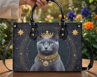 Royal Gray Cat Handbag, Crowned Cat Vegan Leather Purse, Celestial Top Handle Bag