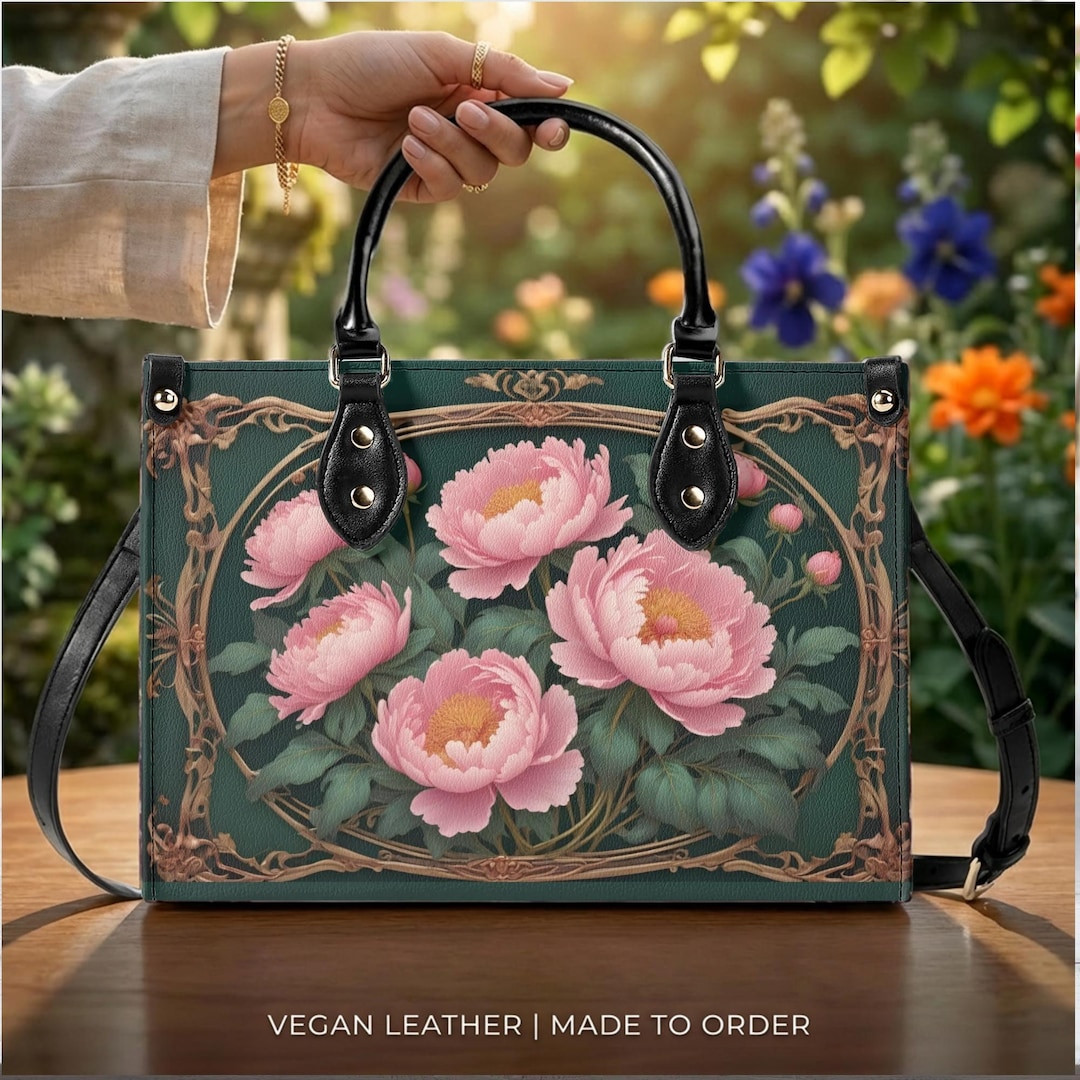 Peony Crossbody Bag, Vegan Leather Floral Purse, Pink Flower