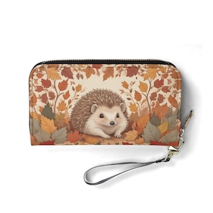 Cartera de piel sintética con forma de erizo y hojas de otoño