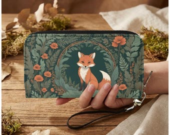 Fuchs Damen Reißverschluss Brieftasche, Wald Blumen PU Leder Armband Handy Clutch Geschenk für Fuchs Liebhaber