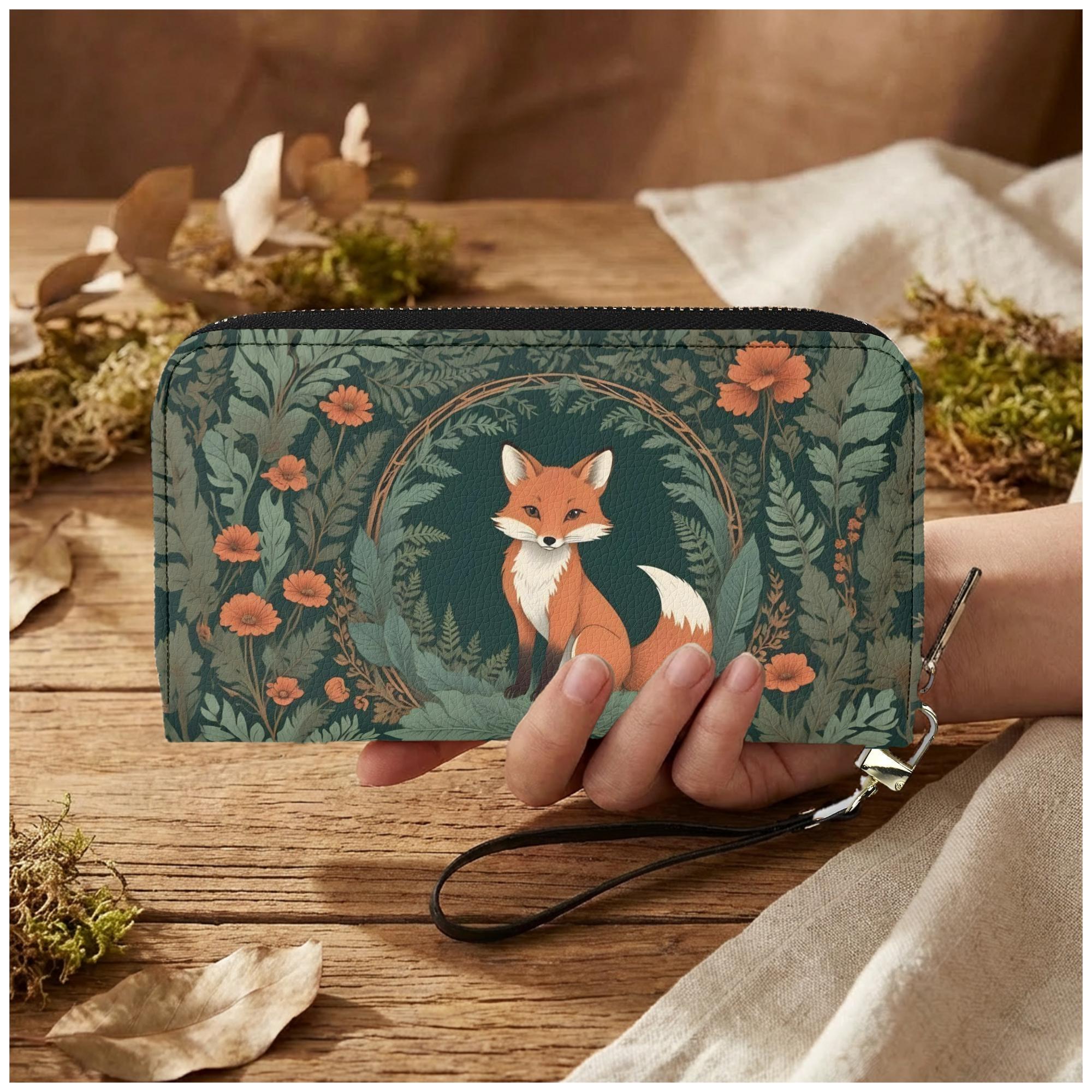 Fox Womens Zip Around Wallet, Forest Floral PU Leather Wristlet