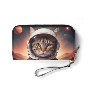 Portefeuille chat astronaute – Joli portefeuille en cuir végétalien pour femme | Cadeau unique, joli portefeuille végétalien, cadeau idéal pour elle