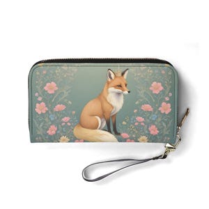 Portefeuille Renard curieux avec fleurs sauvages – Joli portefeuille en cuir végétalien pour femme | Cadeau unique, joli portefeuille végétalien, cadeau idéal pour elle