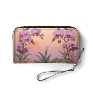 Portafoglio Orchidee in tonalità tramonto – Portafoglio carino in pelle vegana per donna / Regalo unico, portafoglio vegano carino, regalo ideale per lei