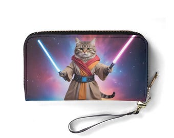 Cartera de gato para amantes de la ciencia ficción: bonita cartera de piel vegana para mujer. Regalo único. Bonita cartera vegana. Regalo ideal para ella.