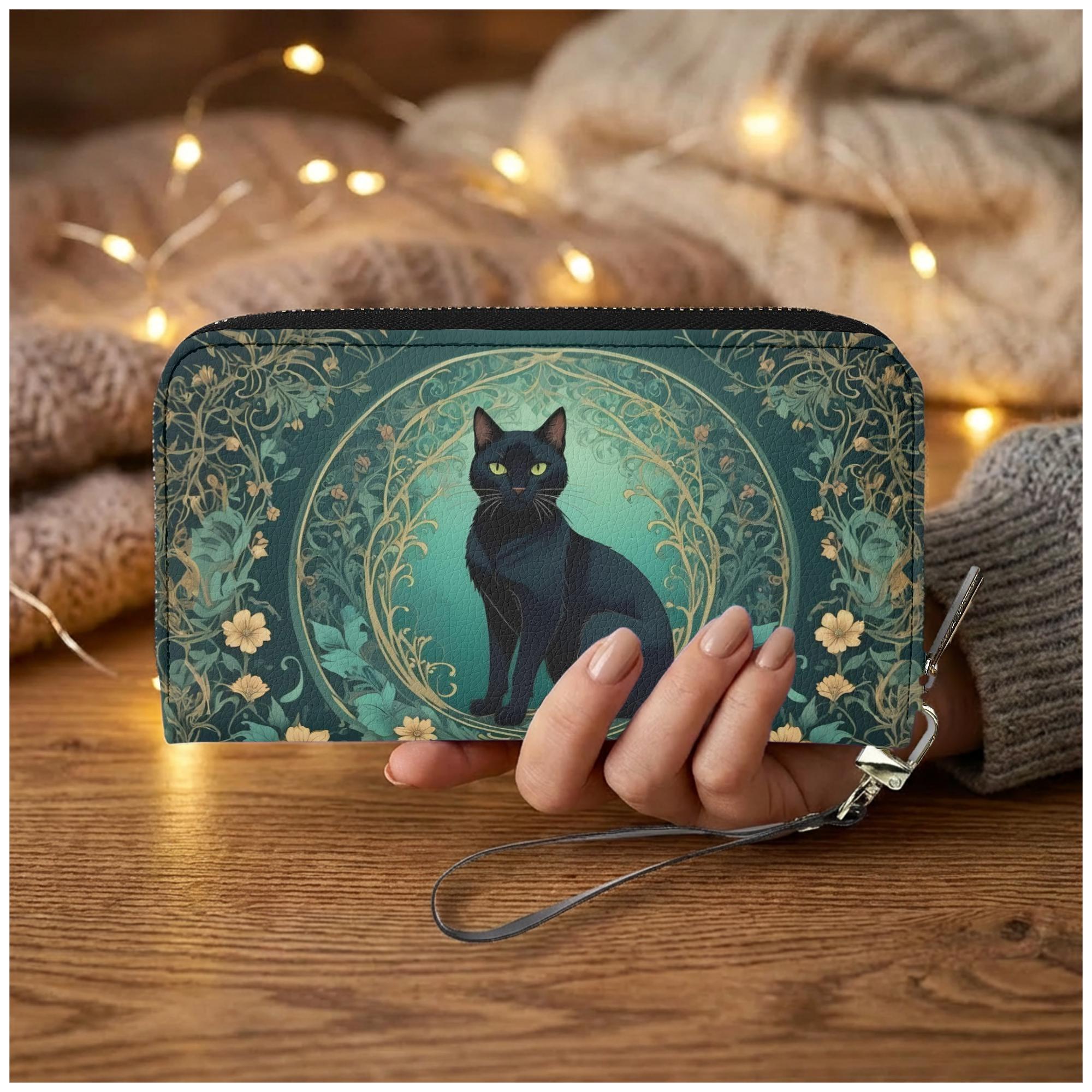 Schwarze Katze Floral PU Leder Reißverschluss Brieftasche, Teal