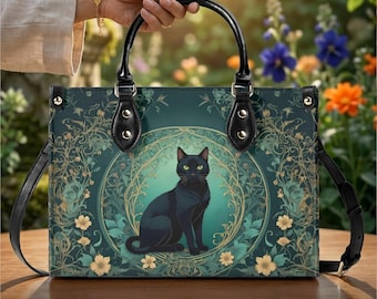 Black Cat Teal Gothic Floral Vegan Leather Top Handle Bag