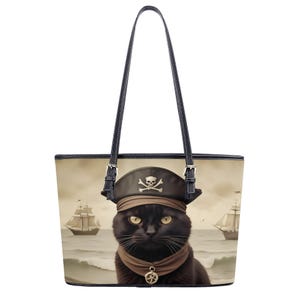 Kleine Pirat Katze Tragetasche, süße Tasche, Vegan Kunstleder Schultertasche, große Markttasche, Umhängetasche, Geschenke für Frauen