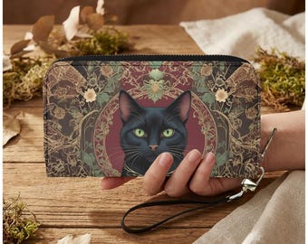 Black Cat Womens Zip Around Wallet, Gothic Floral PU Leather