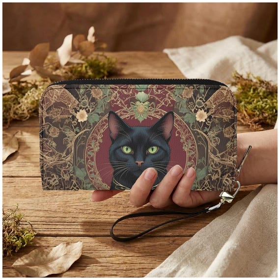 Black Cat Womens Zip Around Wallet, Gothic Floral PU Leather