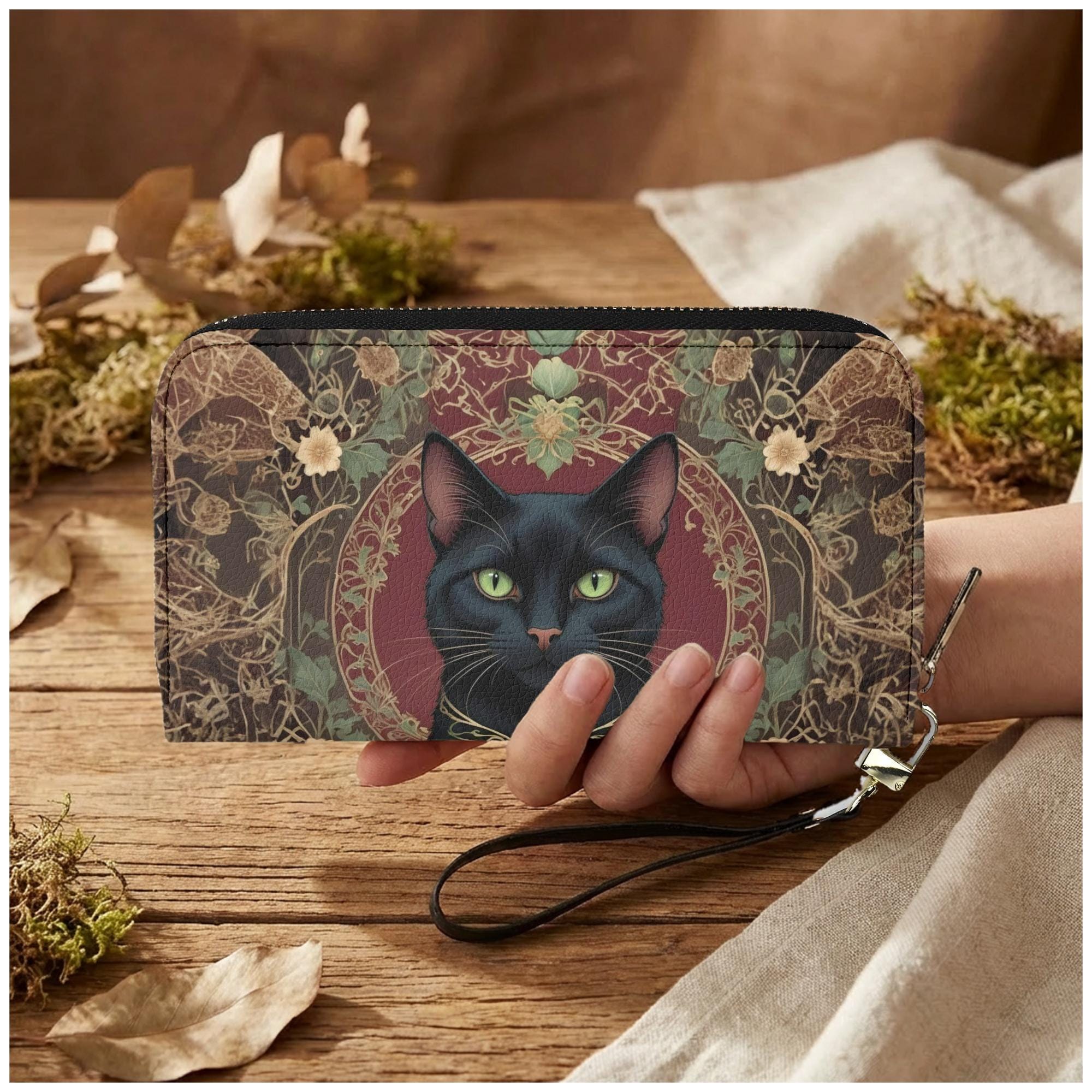 cutrateウォレット Black Cat Womens Zip Around Wallet, Gothic Floral PU Leather