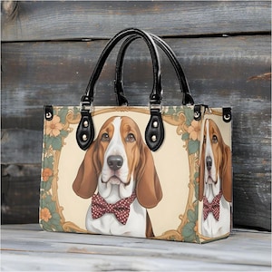 Basset Hound Dog in Polka Dot Bow Bag Cute Crossbody Bag Unique Purse Cute Purse, Luxury Bag Vegan Leather Bags Printed Designer Bag