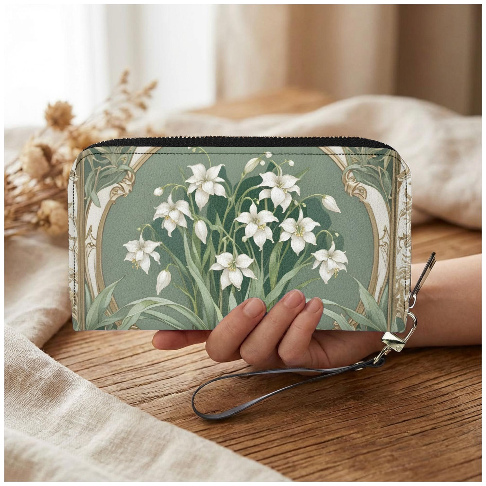 White Lily Womens Zip Around Wallet, Sage Floral PU Leather