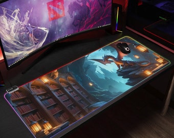 May include: A large, colourful gaming mouse mat with a fantasy scene featuring a dragon, a library, and glowing lights. The mouse mat has a black border with a rainbow-coloured glow.