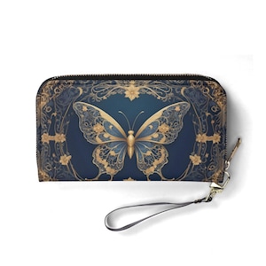 Carteira Golden Art Nouveau Butterfly – Carteira de couro vegana fofa para mulheres | Presente exclusivo, carteira vegana fofa, presente ideal para ela