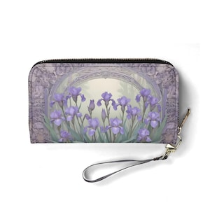 Cartera de lirios etéreos en niebla lavanda: bonita cartera de piel vegana para mujer. Regalo único. Bonita cartera vegana. Regalo ideal para ella.