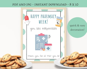 Könnte beinhalten: Druckbarer 8x10 Zoll Schild mit hellblauem Hintergrund und weißen Punkten. Das Schild sagt "Happy Pharmacy Week! You are indispensable. Thank you for all that you do!" mit einer Cartoon-Pille, einer Rezeptflasche und einem Rezeptblock.