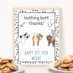 May include: A framed print with the text "Nothing butt thanks!" and "Happy Vet Tech Week!" features cartoon images of a dog, a cat, a syringe, and a stethoscope. The print is surrounded by a border of paw prints.