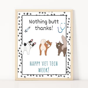 May include: A framed print with a light wood frame. The print features cartoon images of a dog, a cat, and a dog's rear end. The text reads "Nothing butt thanks!" and "Happy Vet Tech Week!" with a syringe and stethoscope.