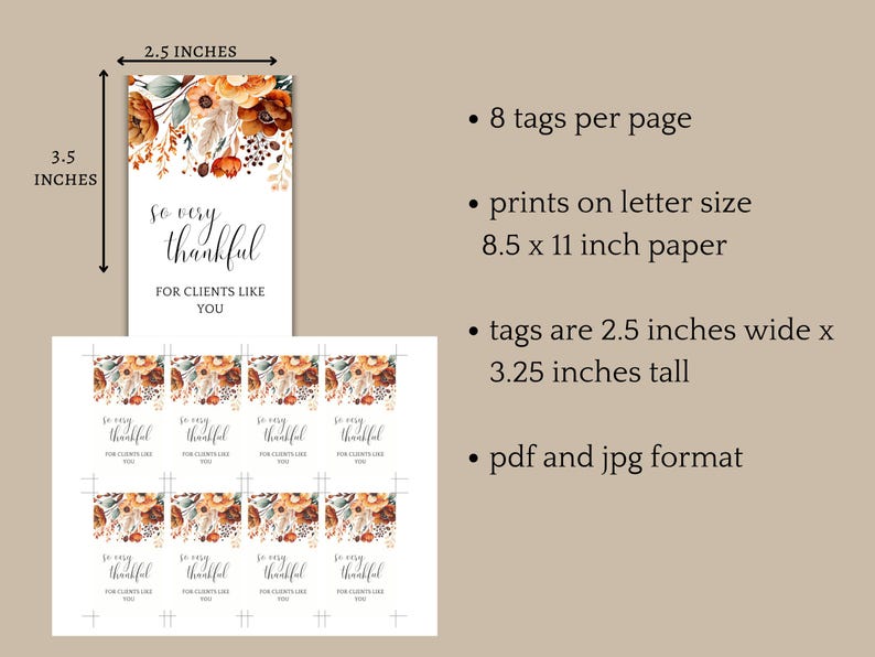 Op de afbeelding: Printbare 8,5 x 11 inch vel met 8 labels waarop staat "So very thankful for clients like you". Elk label is 2,5 inch breed en 3,25 inch hoog en heeft een aquarelbloemendesign met oranje, bruine en gele bloemen. De labels zijn ontworpen om te worden afgedrukt op papier in letterformaat in PDF- of JPG-formaat.