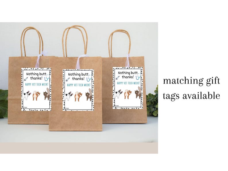 May include: Three brown paper gift bags with white tags. The tags read "Nothing butt, thanks! Happy Vet Tech Week!" and feature cartoon animal rear ends. The bags have tan handles.