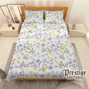 Cottagecore Lavender Quilt Bedding Set – Floral Botanical Pillowcases, Shabby Chic Ruffle, Vintage Bedroom Decor, Wedding Gift for her