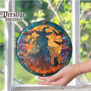 Halloween Hexe Fledermaus und Mond Suncatcher, Fensterschmuck, gruselige Halloween Dekoration für Fenster, Buntglas Hexenverzierung