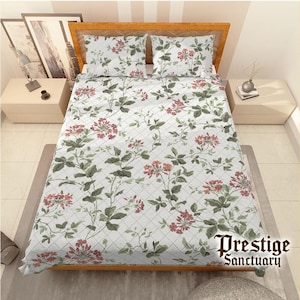 Cottagecore Red Flower Quilt Bedding Set – Floral Botanical Pillowcases, Shabby Chic Ruffle, Vintage Bedroom Decor, Wedding Gift for her
