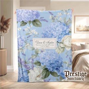 Manta de boda con flores azules personalizada, manta floral personalizada, regalo de dama de honor, boda, regalo de aniversario para parejas y familia