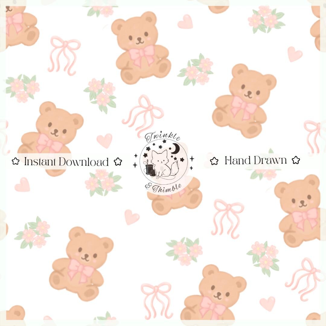 Pink Teddy Bear Seamless Pattern – Coquette Floral Print | Digital ...