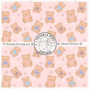 Patrón sin costuras de osito de peluche kawaii / Papel digital con estética pastel / Clipart de ositos con lazo rosa para tela, scrapbooking y bricolaje