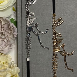 May include: Two silver and gold dinosaur skeleton bookmark charms with black tassel bookmark strings. The charms are hanging from the strings on a gray background.