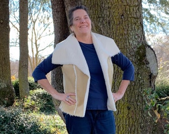 Beige Faux Suede and Ivory Sherpa Fleece Vest XL~ Unisex & Reversible! Two Looks in One! Free Domestic Shipping Too!