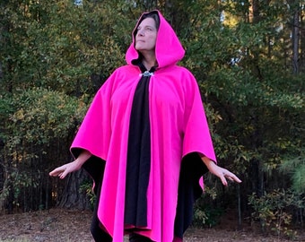 Reversible Hot Pink and Black Bonded Fleece Hooded Cape Repositionable Specialty Silver Tone Clasp with Free Domestic Shipping